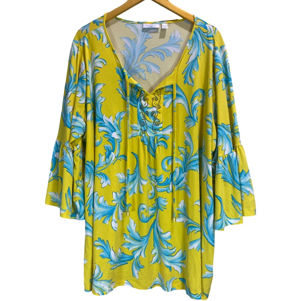 Susan Graver Passport 3X Yellow Floral Tunic Bell Sleeve Beaded Resort Top Boho